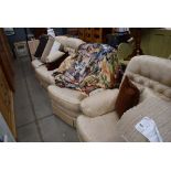 Brown floral cottage 2 seater sofa and a pair of matching armchairs and footstool