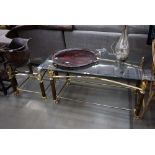 Brass finish and glass coffee table together with a matching lamp table