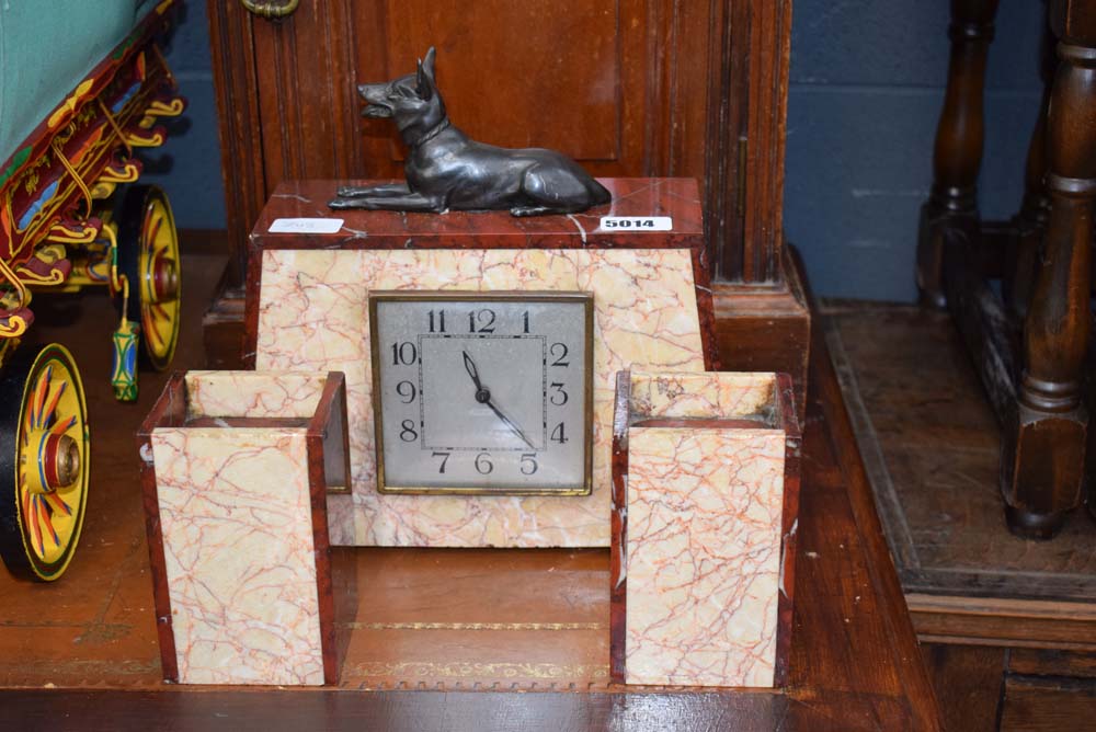 Art deco mantle clock and garnitures with Alsation finial