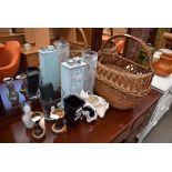 Wicker basket, wooden candlesticks, ornamental cat figures and glass vases and a trinket box