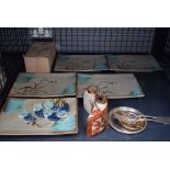 Cage containing pottery dishes, a pottery flask plus 2 silver plated dishes and 2 forks