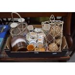 Box containing wicker work ornaments and quantity of midwinter and other crockery