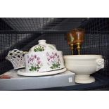 Cage containing a Portmeirion botanic garden patterned stilton dish plus blue and white tereens,