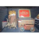 Cage containing vintage tins, wind up toy, stamps and ornamental cockerels