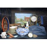 Cage containing a painting of duck pond and house, anniversary clock, ladies felt hat, paperweight
