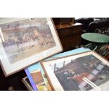 Quantity of paintings and prints to include hunting party, the water mill, African elephant, court