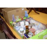 Three boxes containing paperweights, general glassware, ceiling light shade, dressing table brush