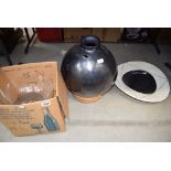 An African pot on stand, a black and white glaze bowl and glassware