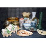 Cage containing green glass vase, souvenir pictures, Chinese vessels, brassware and a silver pin