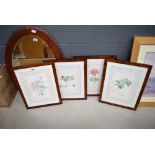 Four floral prints faux walnut frames