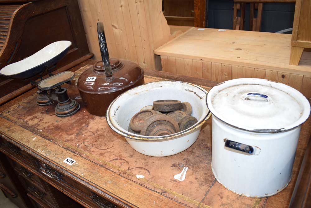 Quantity of enamelled bowls plus a bin, kettle, set of scales and weights