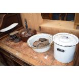 Quantity of enamelled bowls plus a bin, kettle, set of scales and weights