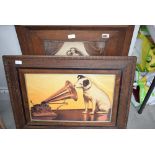 Two framed prints HMV dog and Madonna and child