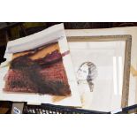 Box containing a quantity of paintings and prints to include an abstract in maroon, study of a lady,