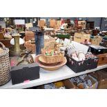 A quantity of jewellery boxes, a paint set, a red painted lidded, toys, wicer backet, brass