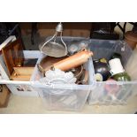 Four boxes of prints and books, pottery gin bottles, foot warmer, cutlery, copperware, general