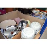 Two boxes of shoe stretchers, salt and other kitchen storage vessels, mixing bowl, plates etc