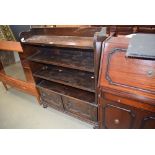 Dark oak open fronted bookcase with cupboards under