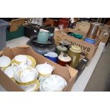 Four boxes of pottery teapots, Chinese floral pattern crockery, water jugs, and general glassware