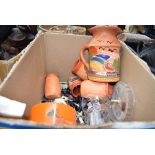 A box of Portugese pottery, water jug, keyrings and toys