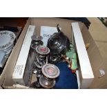 A box of silver plated teapot, milk jug, gravy boat, candlestick, boxed cutlery and hand puppet