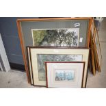 Quantity of prints and a watercolours to include cityscape, woodland plus lake with trees