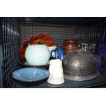 Cage containing a silver plated meat cover, a pottery kitchen storage vessel, milk jugs,