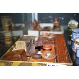 2 boxes containing a quantity of treen to include ornamental figures, pill boxes, trinket boxes