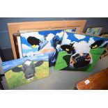 Three modern wall hangings depicting cattle plus two frames