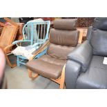 Bentwood armchair with brown leather effect seat