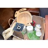 Box containing a green glass dressing table tidy, a mirrored lampshade, a wooden bowl plus general