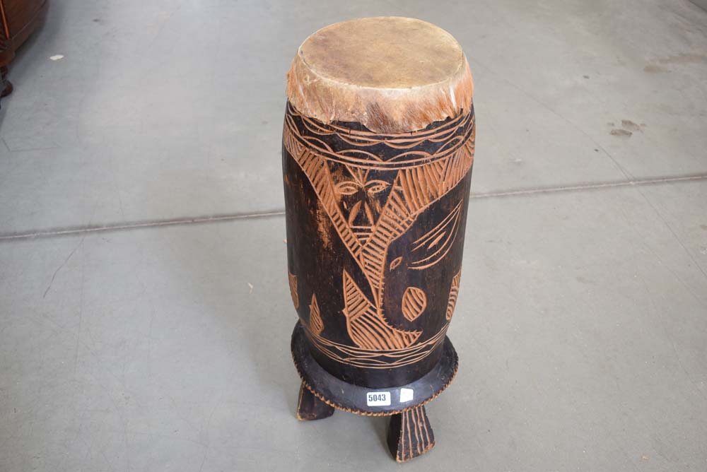 (2) Carved wooden drum