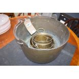 (5) Caldron with swing handle plus a collection of brass pots