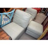 Mint green leather effect two seater sofa with footstool