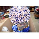 A box of blue and white ginger jars, general crockery, tin of insignia and lighters