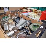Two boxes of silver plate, jellery mould, candlesticks, carving set, tins, watch and clock parts