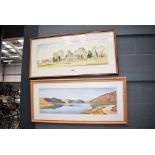 Pair of watercolours of country church plus island scene with lake and mountains by Joe Stockton and