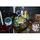 Quantity of paperweights plus a glass ashtray and various vases