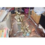 Brass 3 branch candlestick plus a fire companion set and fire dogs