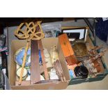 2 boxes containing a carpet beater, bellows, ornamental ship, footwarmer, jewellery box, board games