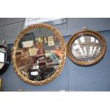 Circular mirror in decorative frame plus a porthole mirror