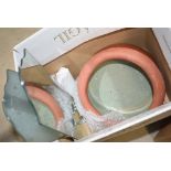2 boxes containing mirrors, pottery bowl and wall plaques