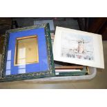 Box containing a quantity of frames and prints to include windmills and study of two ladies