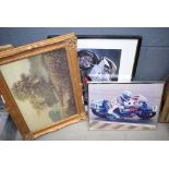 Two photographic prints of motorcycles plus a print of a country scene with trees