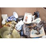 A box of Marly horses, dray horse, chambersticks, figures and general crockery
