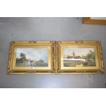Pair of framed and glazed prints of cattle in lane and town with canal