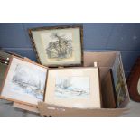 Box containing a quantity of prints and paintings to include a still life with fruit, bird and