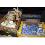 3 boxes containing blue and white cups and saucers and side plates, general crockery,