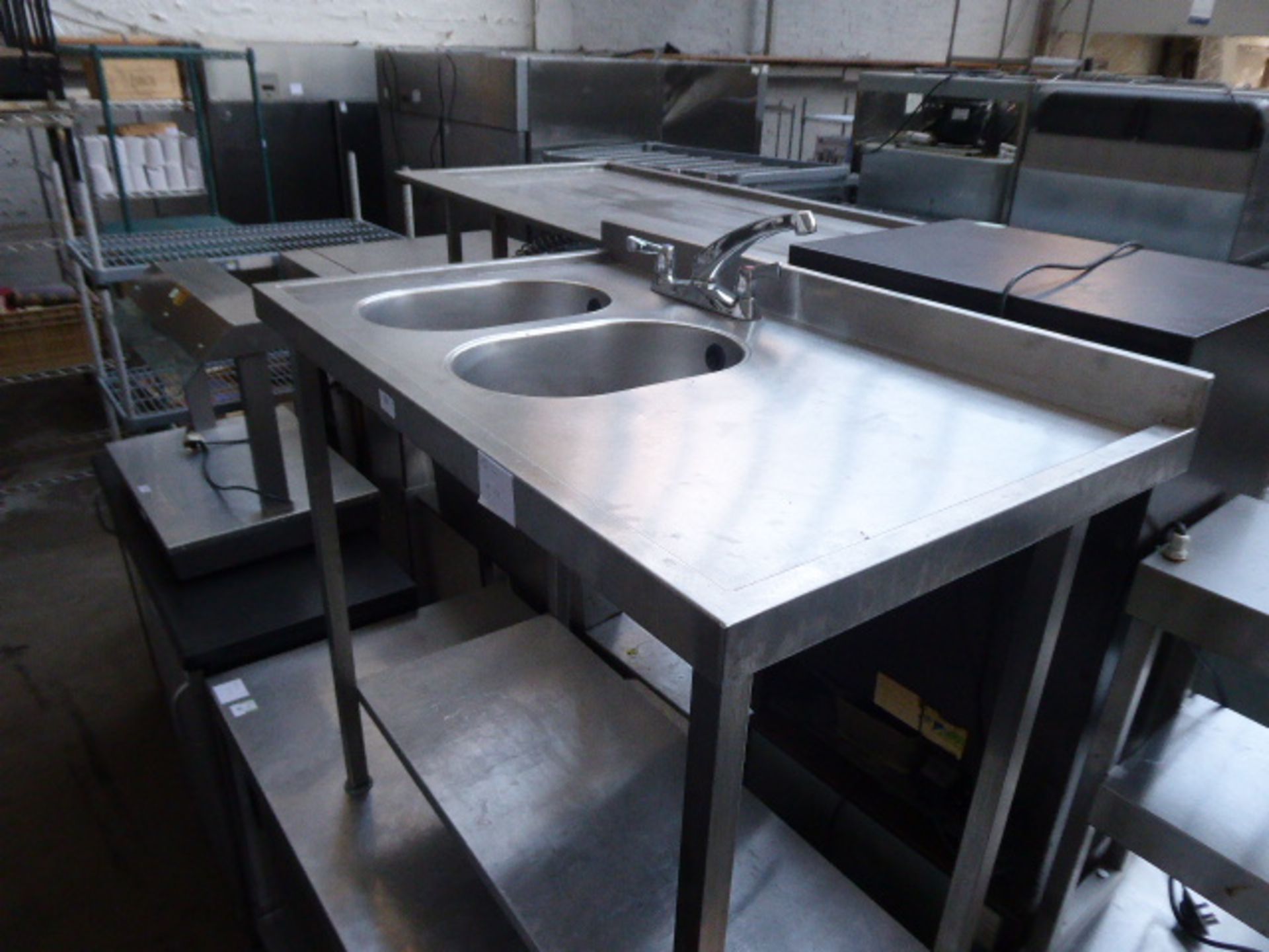 100cm Stainless steel double bowl hand sink with tap set draining board and shelf under