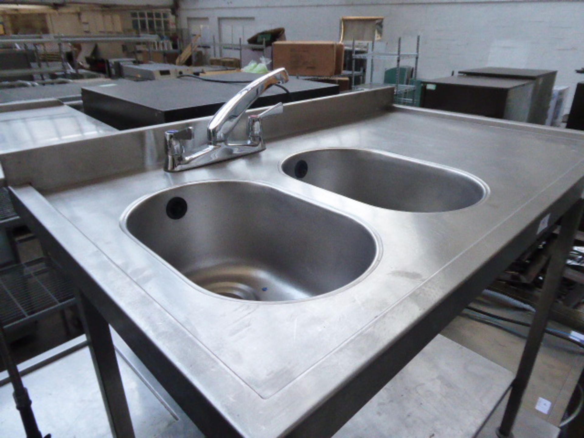 100cm Stainless steel double bowl hand sink with tap set draining board and shelf under - Image 2 of 2